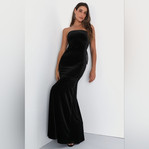 Lulus Mesmerizing Elegance Black Velvet Strapless Backless Maxi Dress S Wedding - Picture 2 of 8